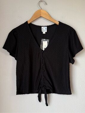Blue Rain Francesca’s Black Button Down Tie Front Top Textured Womens Size L NWT